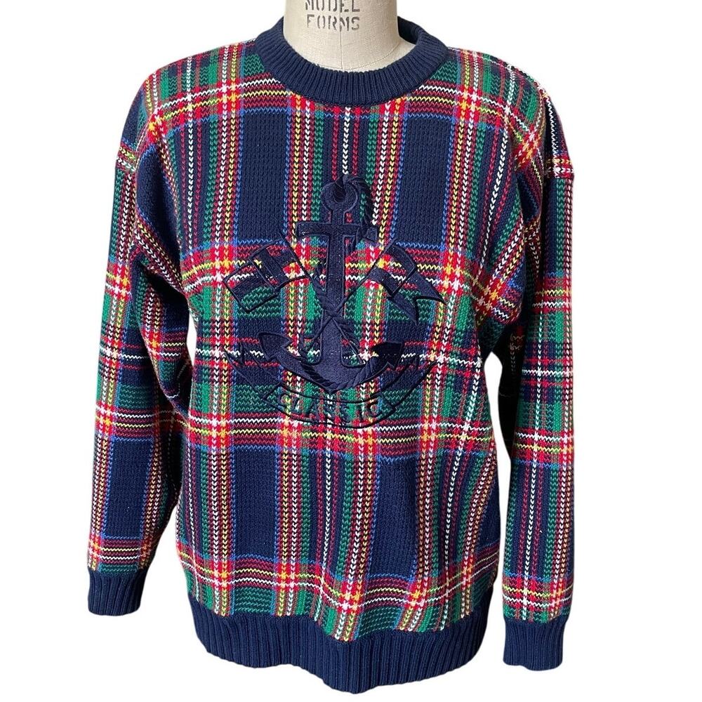 Vintage Unisex Charter Club Blue Plaid Cotton Sweater w/ Anchor Size Medium